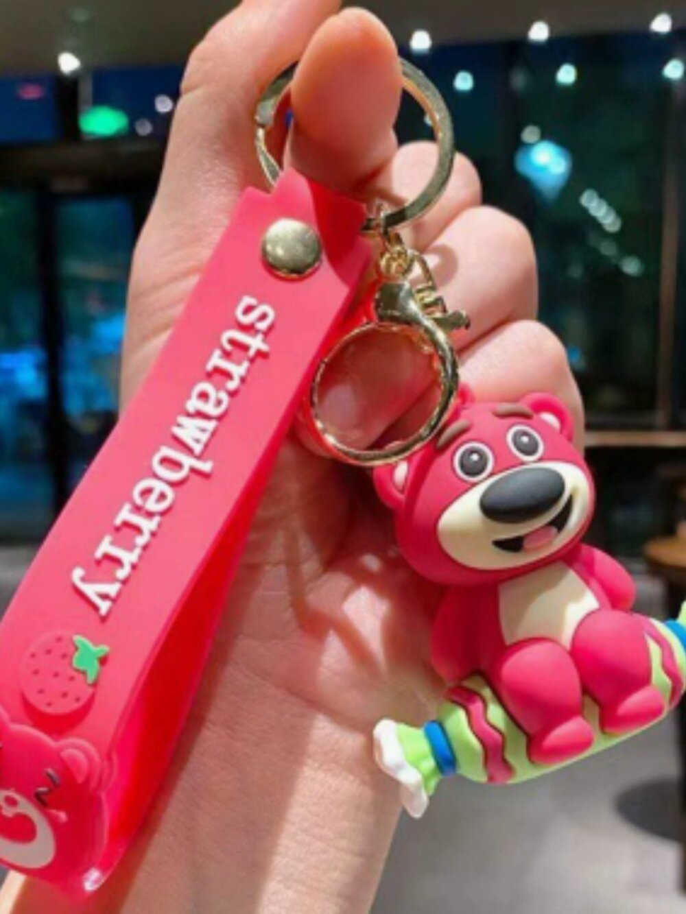 Cute Pink Strawberry Bear Keychain Red Silicone Wrist Strap Bag Charm Pendant